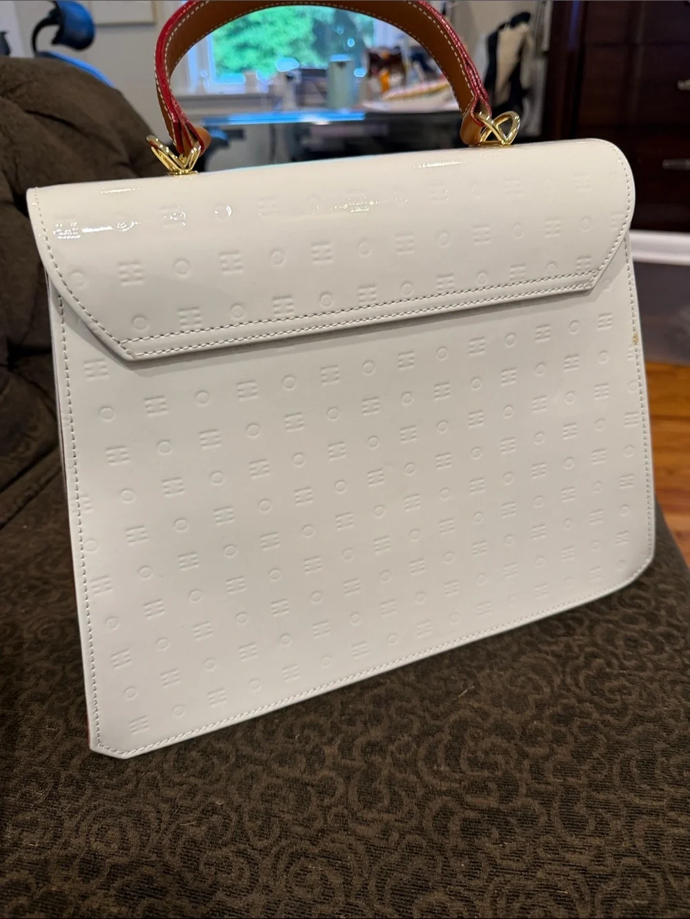 Arcadia White Patent Satchel with Tan Top Handle and Gold Hardware